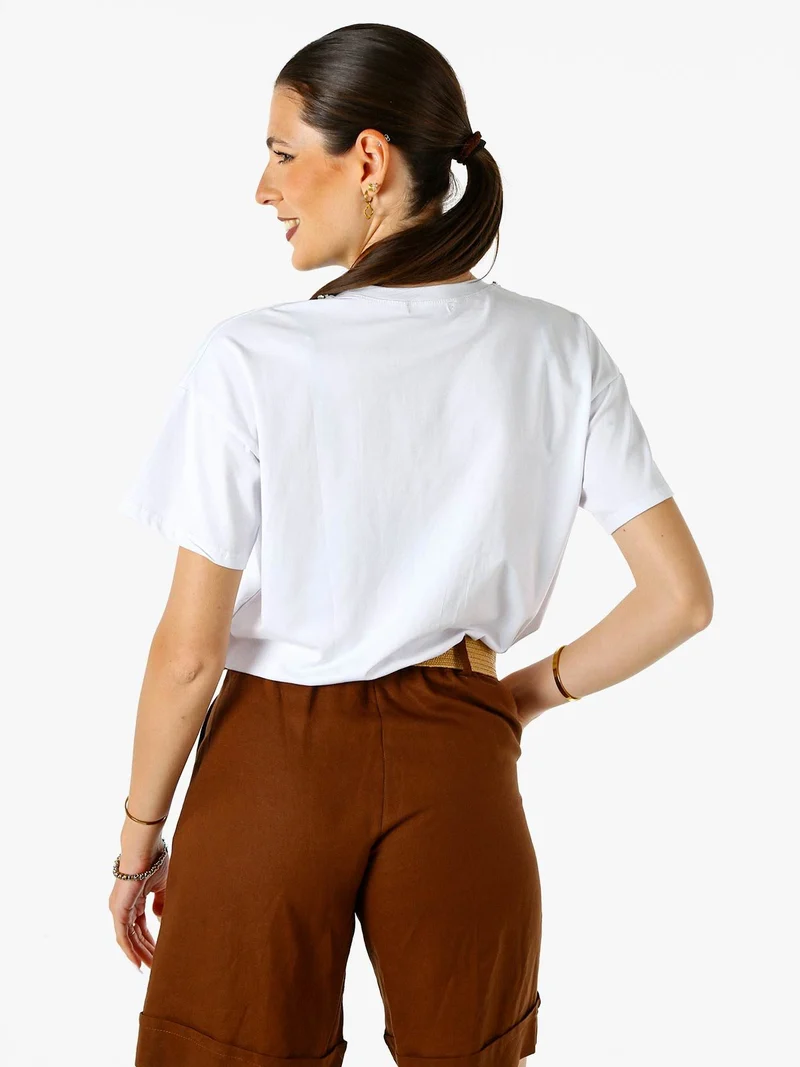 T-shirt donna gioiello con strass e stampa disegno animali - bianco