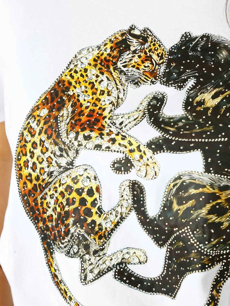 T-shirt donna gioiello con strass e stampa disegno animali - bianco