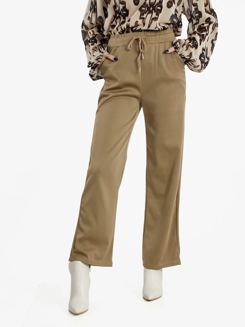 Pantaloni donna a gamba larga con coulisse - khaki
