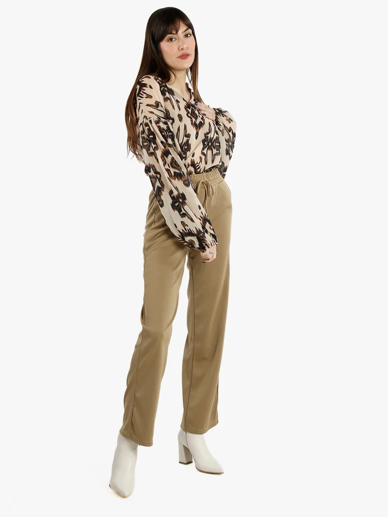Pantaloni donna a gamba larga con coulisse - khaki