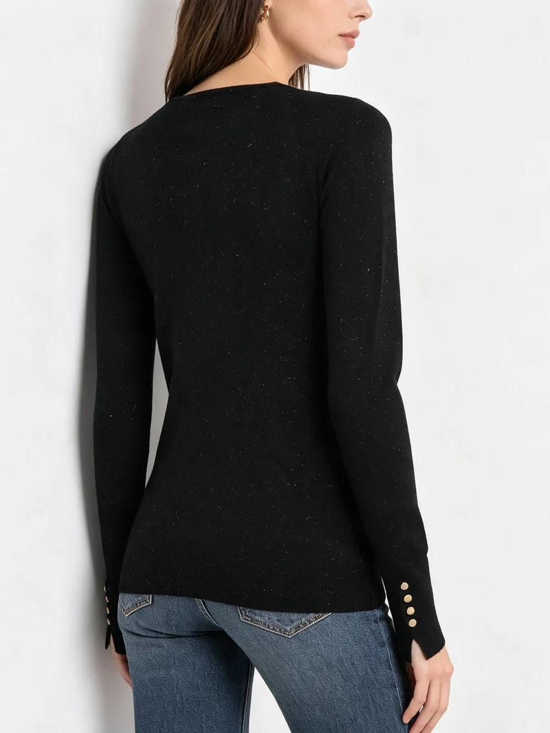 Pullover girocollo da donna con dettagli lurex e finti bottoni dorati - nero