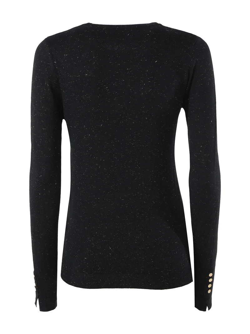 Pullover girocollo da donna con dettagli lurex e finti bottoni dorati - nero