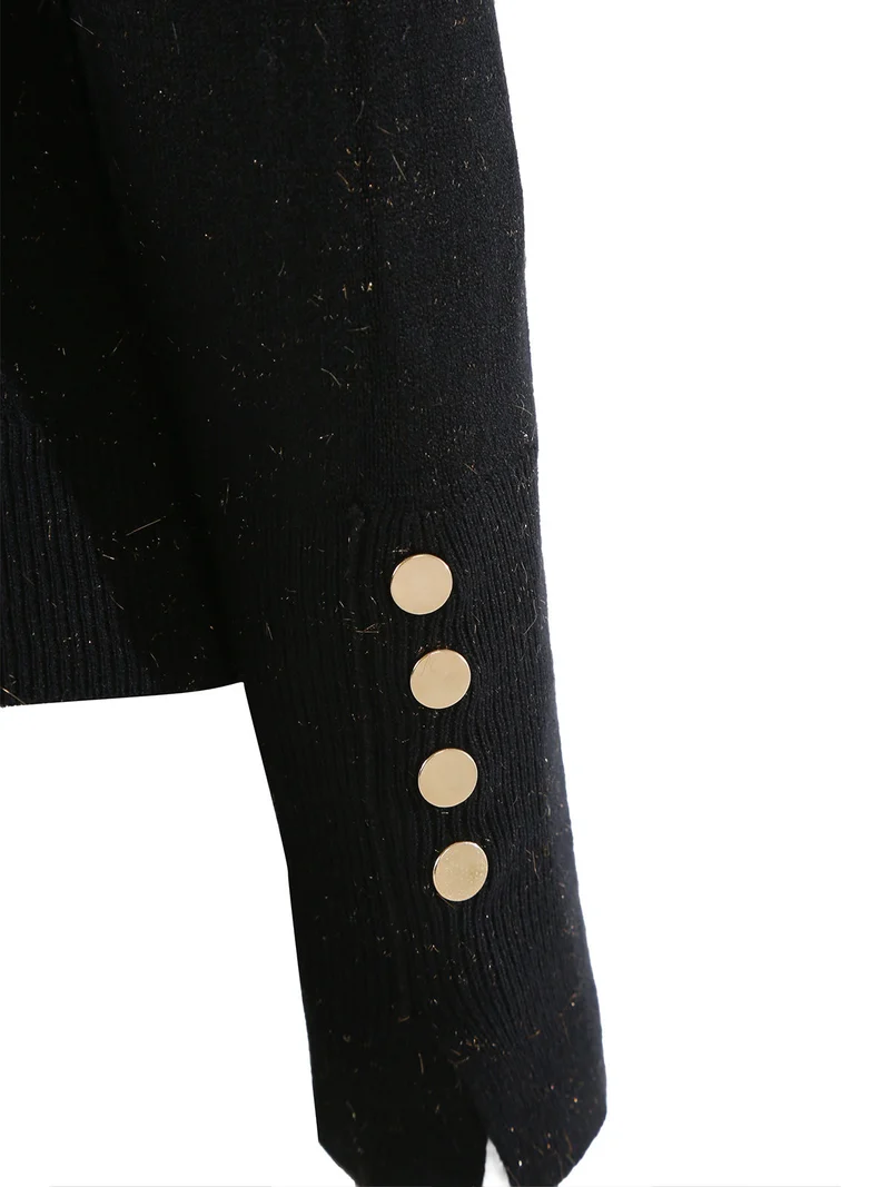 Pullover girocollo da donna con dettagli lurex e finti bottoni dorati - nero