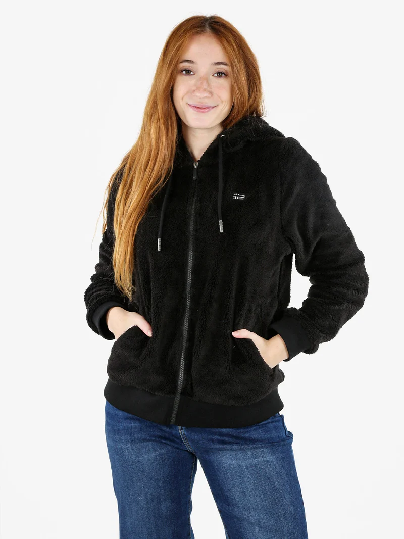Felpa donna invernale con cappuccio e zip - nero