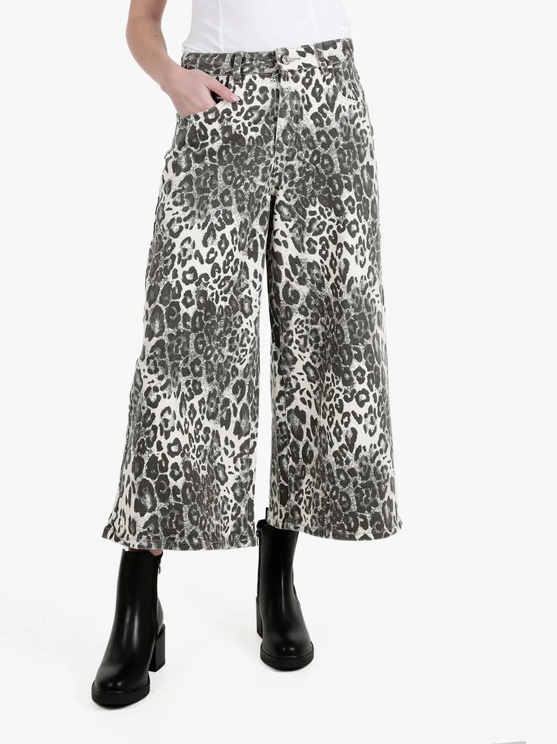 Pantaloni donna animalier a gamba larga - grigio
