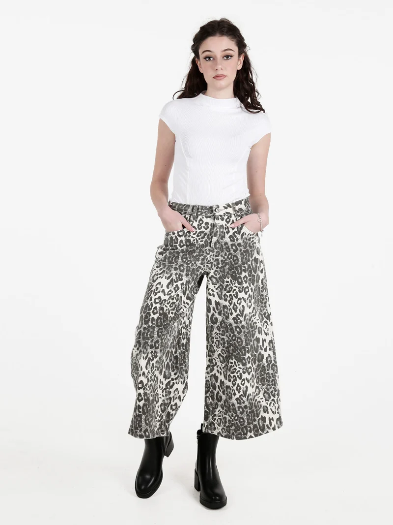 Pantaloni donna animalier a gamba larga - grigio