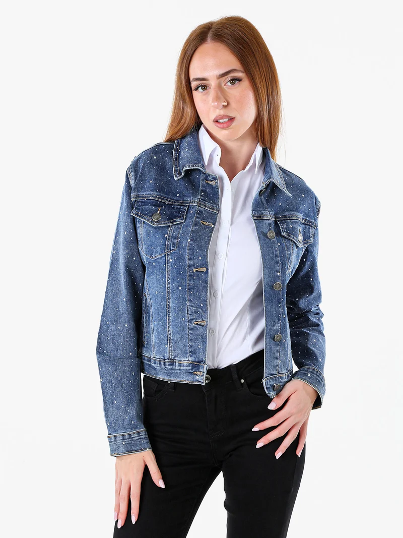 Giacca donna in jeans con micro borchie - jeans