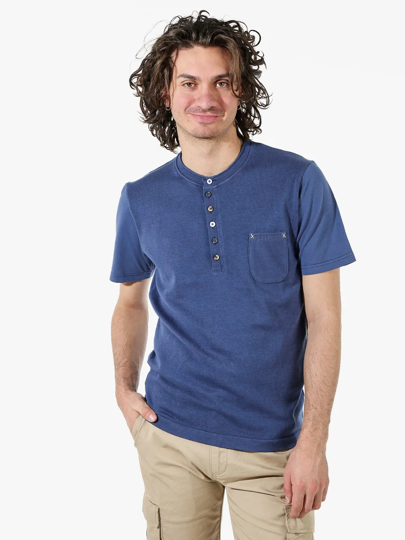 Maglia da uomo in cotone a maniche corte con taschino - blu