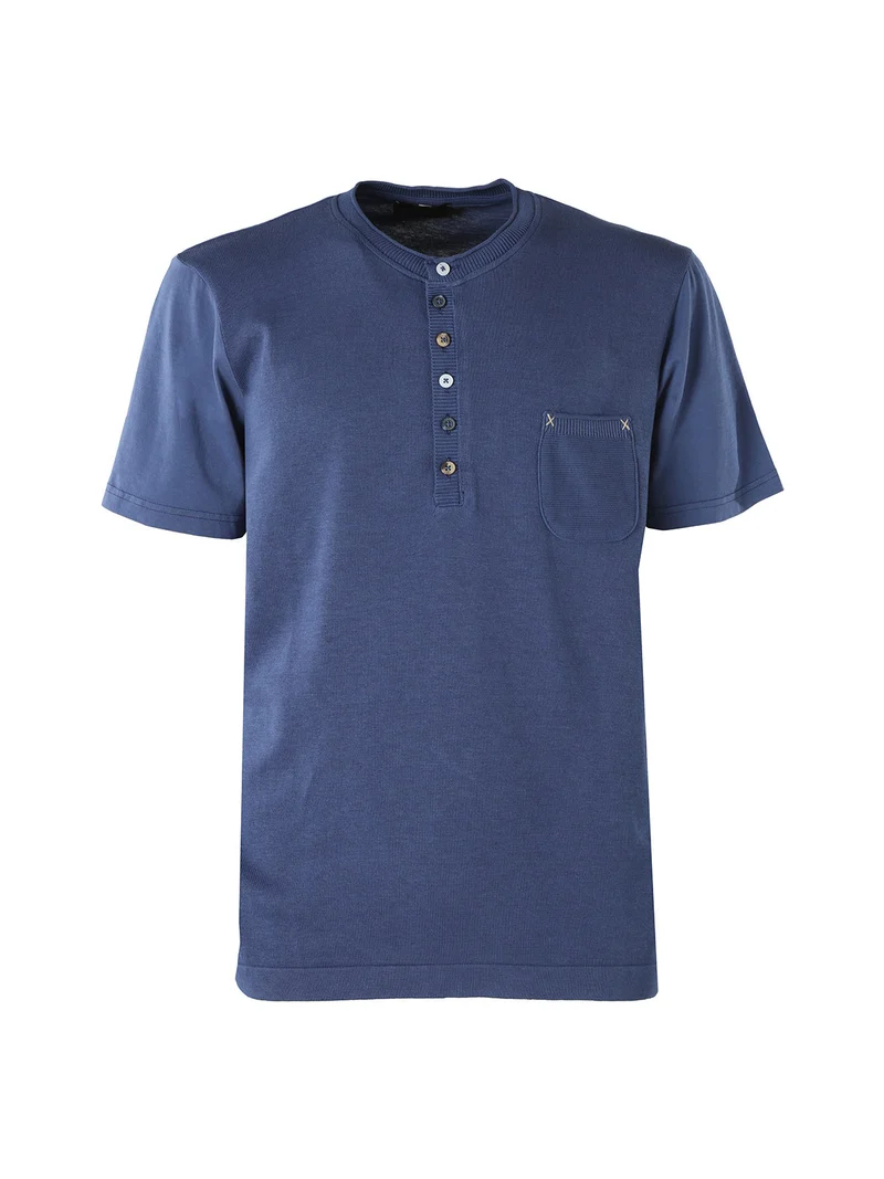 Maglia da uomo in cotone a maniche corte con taschino - blu