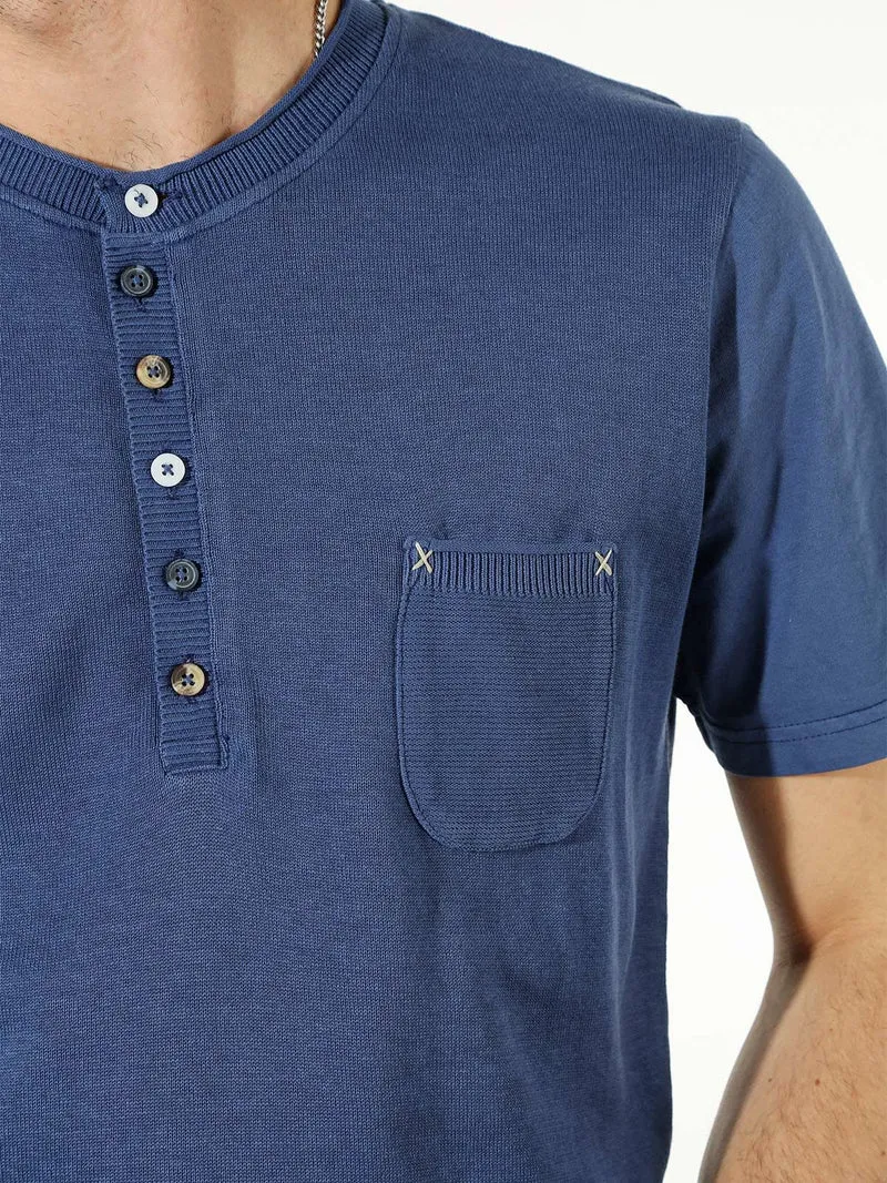 Maglia da uomo in cotone a maniche corte con taschino - blu