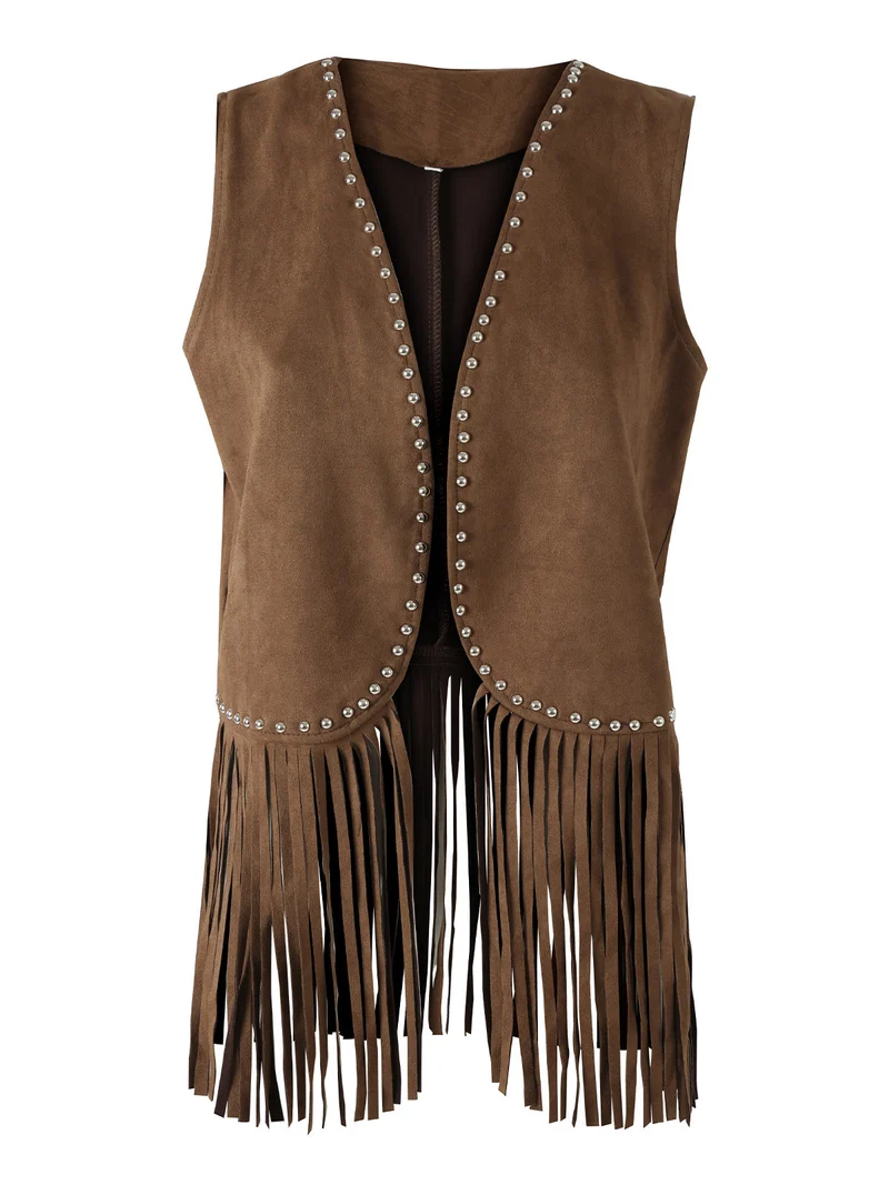 Gilet donna scamosciato con borchie e frange - caffè