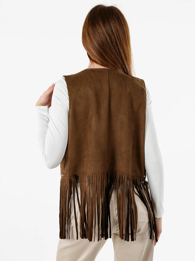 Gilet donna scamosciato con borchie e frange - caffè
