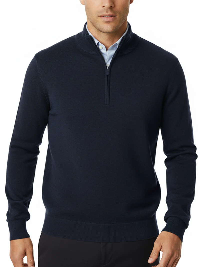 Maglione da uomo mezza zip in misto lana e cashmere - blu scuro
