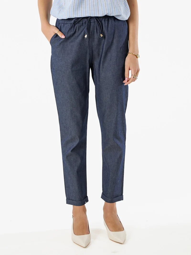 Pantaloni donna in cotone effetto jeans con risvolti - blu