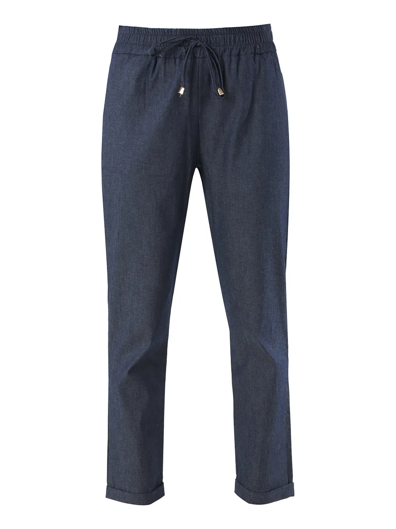 Pantaloni donna in cotone effetto jeans con risvolti - blu