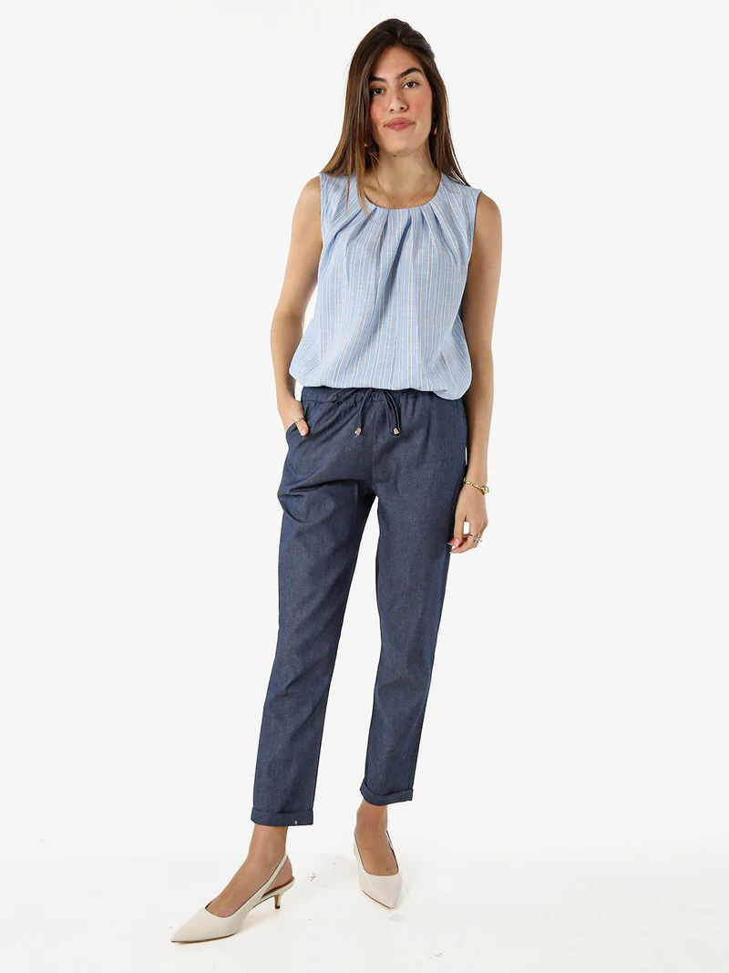 Pantaloni donna in cotone effetto jeans con risvolti - blu
