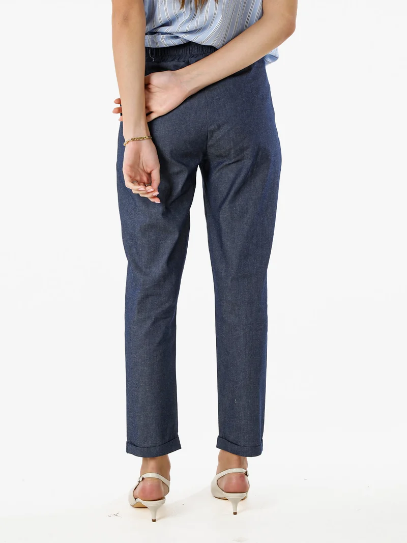 Pantaloni donna in cotone effetto jeans con risvolti - blu