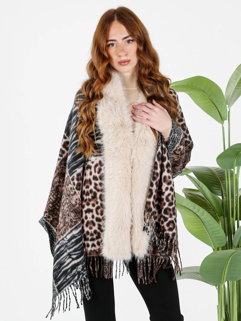 Mantella donna animalier con scollo in ecopelliccia - multicolore