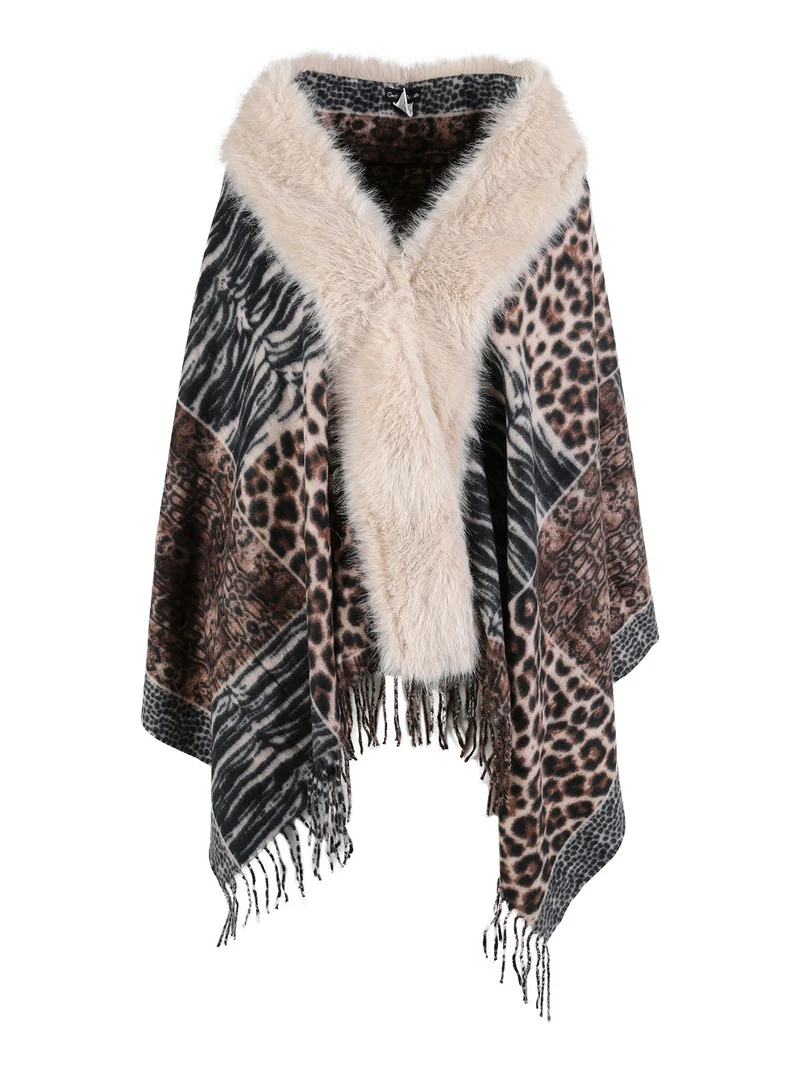 Mantella donna animalier con scollo in ecopelliccia - multicolore