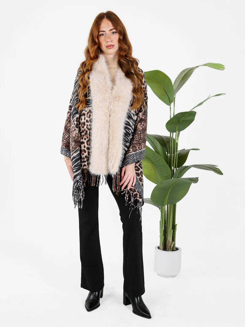 Mantella donna animalier con scollo in ecopelliccia - multicolore