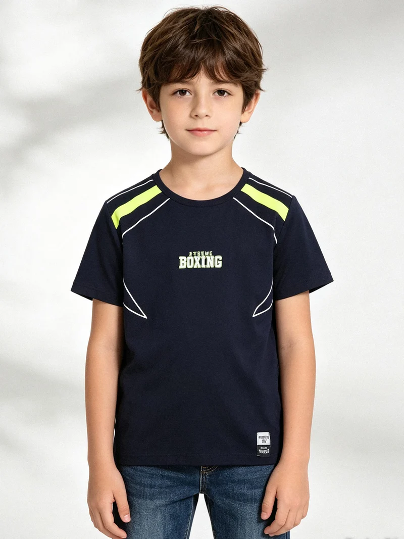 T-shirt girocollo da ragazzo in cotone con logo - blu scuro