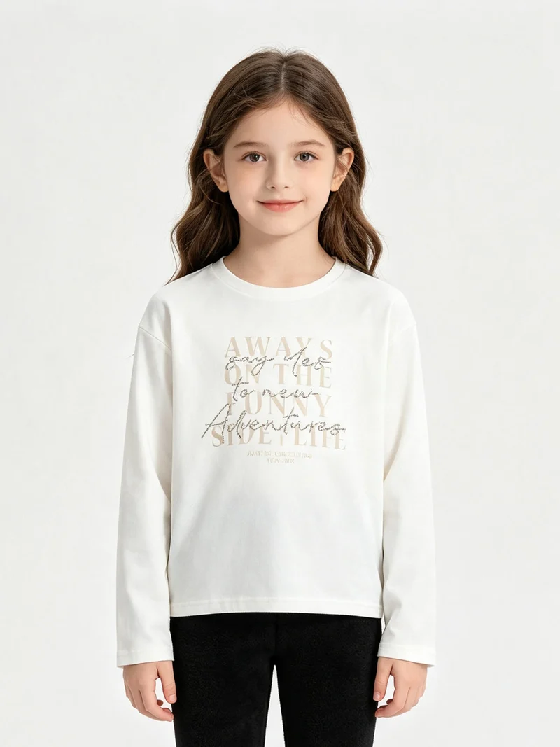 T-shirt da bambina in cotone a maniche lunghe con stampa - bianco
