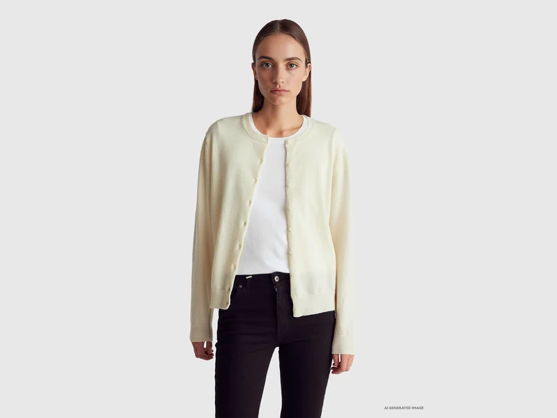 Cremefarbene Strickjacke mit Rundhalsausschnitt aus reiner Merinowolle