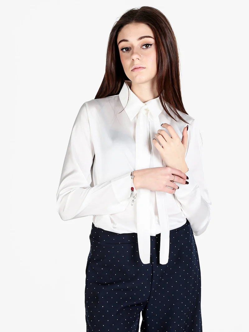 Camicia donna effetto raso con cravattino - bianco