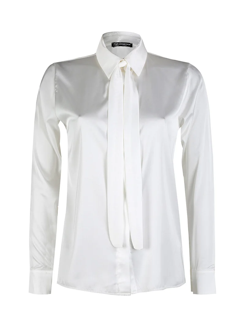 Camicia donna effetto raso con cravattino - bianco