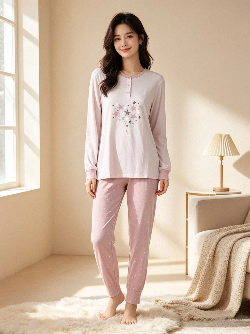GALAXY Pigiama lungo da donna in cotone con stampe - rosa