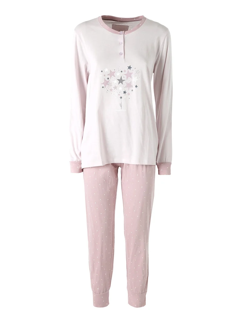 GALAXY Pigiama lungo da donna in cotone con stampe - rosa