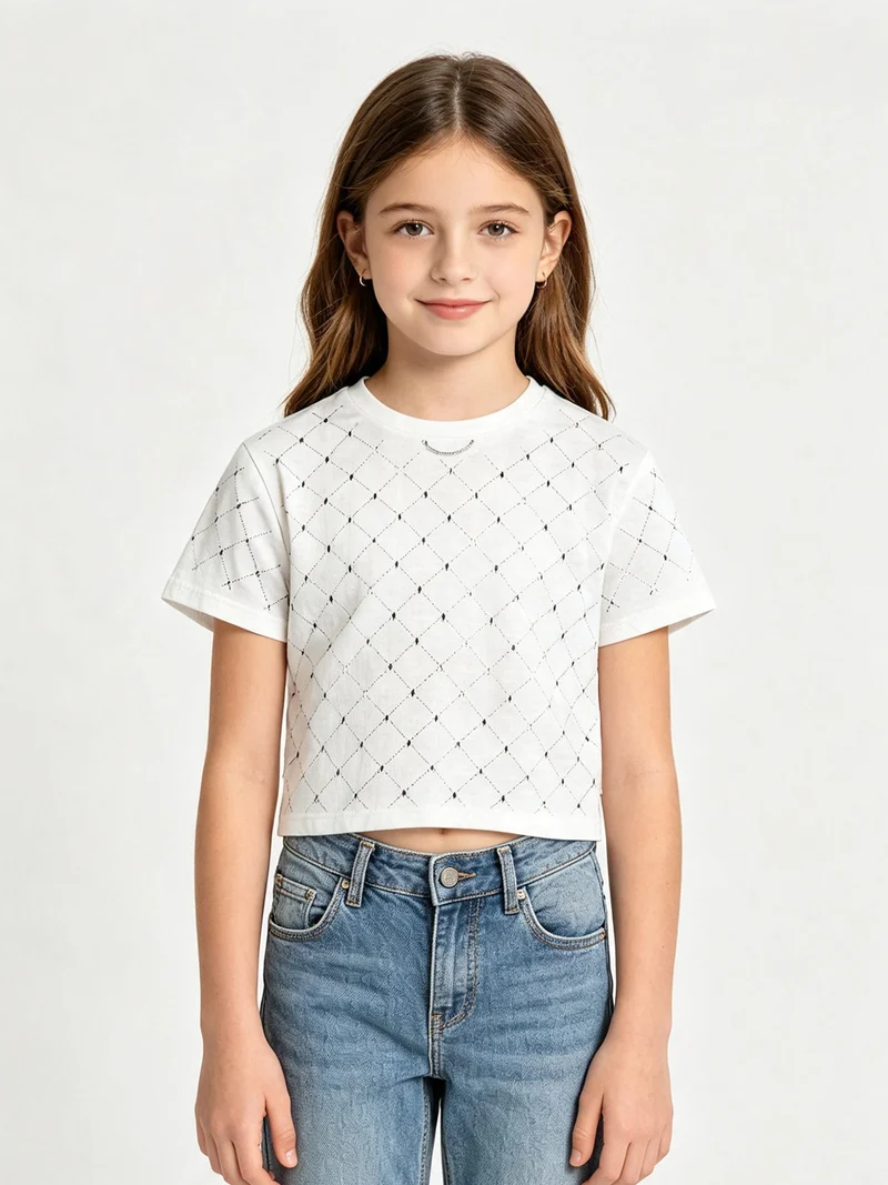 T-shirt cropped da bambina in cotone con strass - bianco