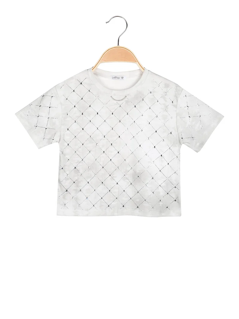 T-shirt cropped da bambina in cotone con strass - bianco