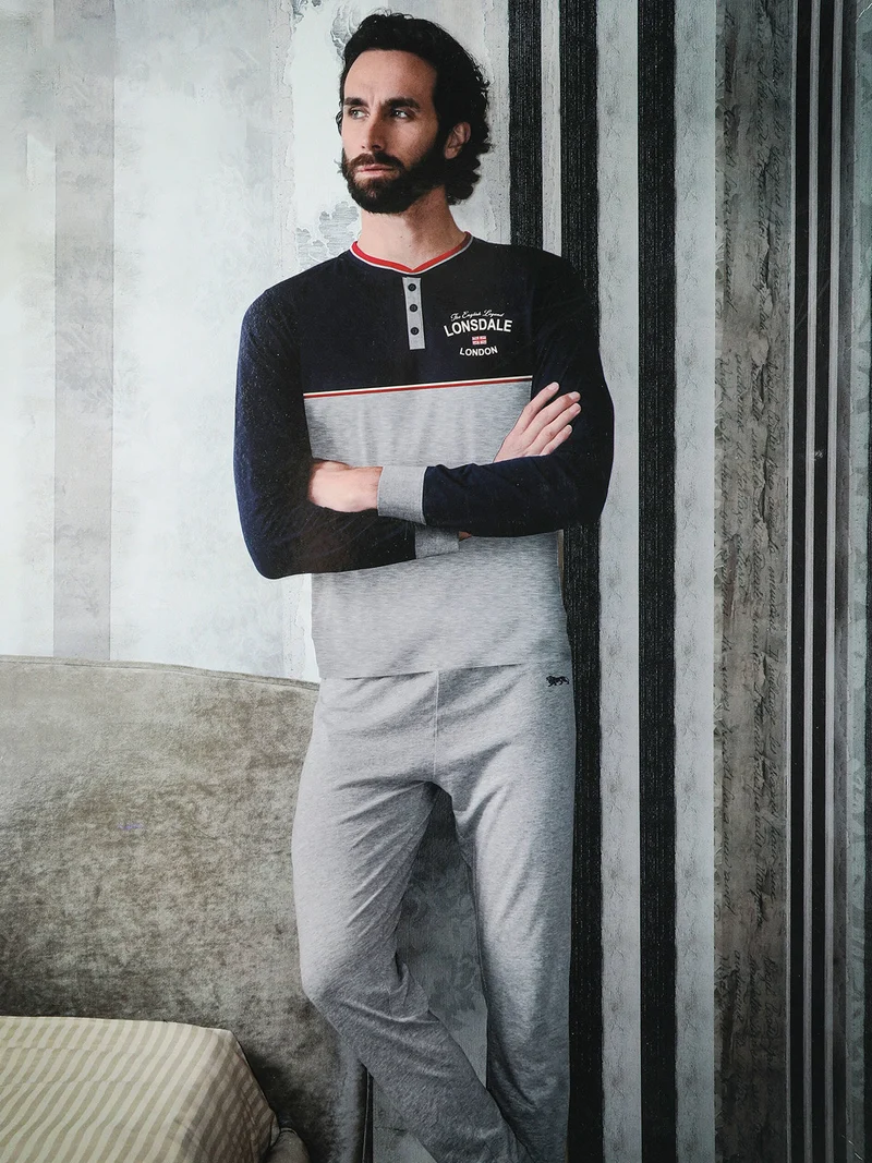 Pigiama lungo da uomo in cotone - grigio