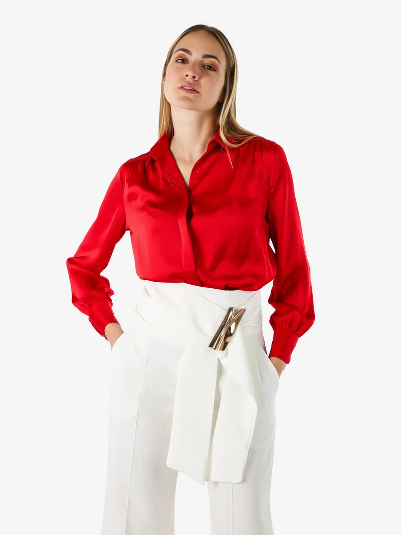 Camicia da donna a maniche lunghe effetto raso - rosso