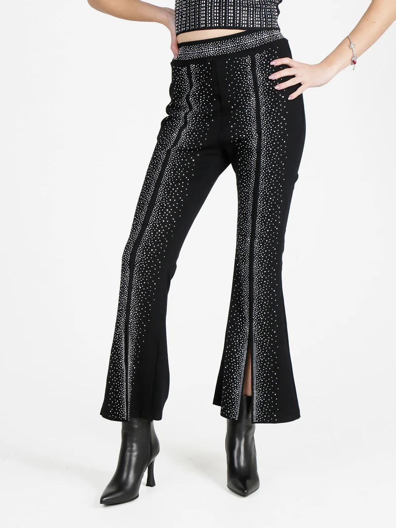 Pantaloni eleganti da donna con strass e finale a zampa con spacco - argento