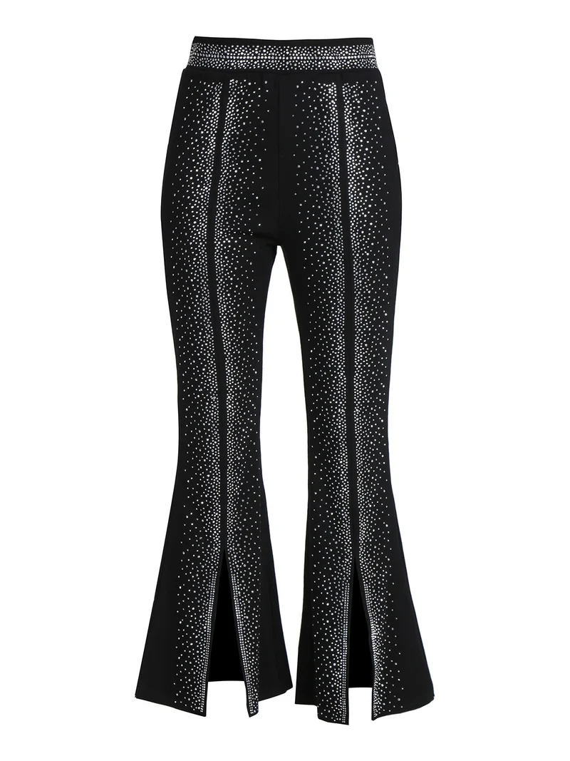 Pantaloni eleganti da donna con strass e finale a zampa con spacco - argento
