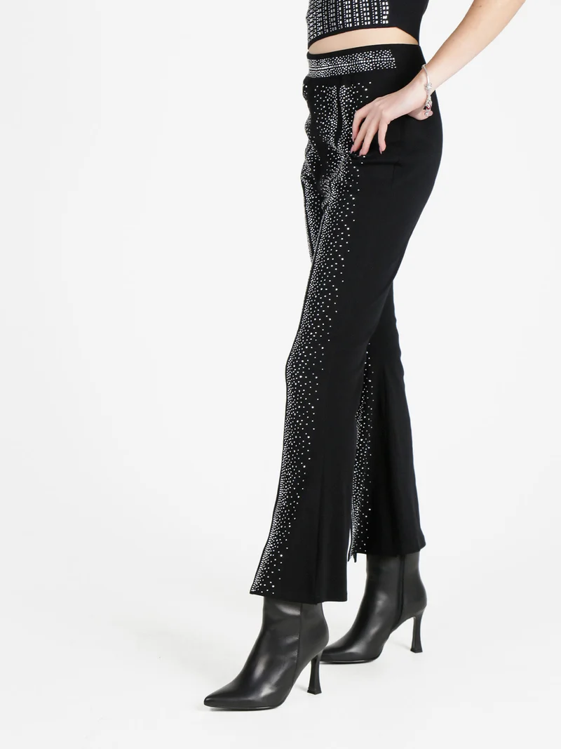 Pantaloni eleganti da donna con strass e finale a zampa con spacco - argento