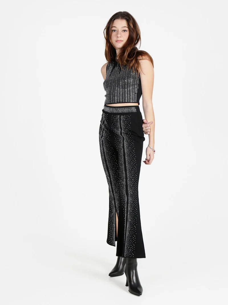 Pantaloni eleganti da donna con strass e finale a zampa con spacco - argento
