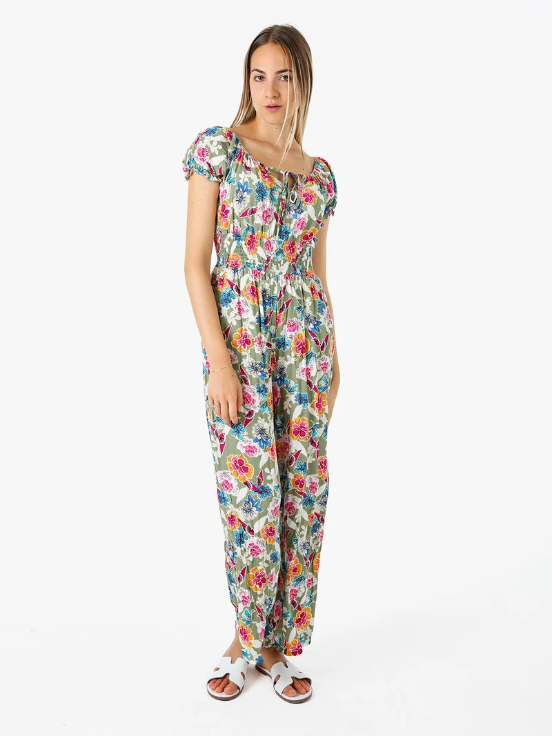 Tuta jumpsuite da donna con stampa floreale e maniche corte - verde