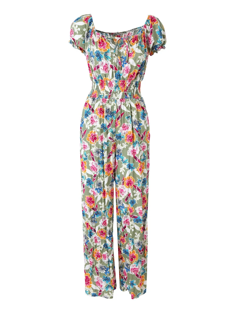 Tuta jumpsuite da donna con stampa floreale e maniche corte - verde