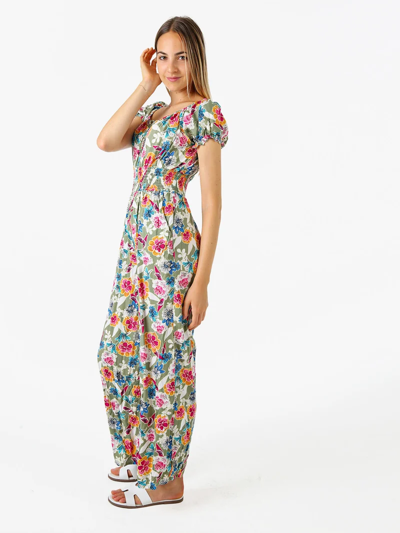 Tuta jumpsuite da donna con stampa floreale e maniche corte - verde