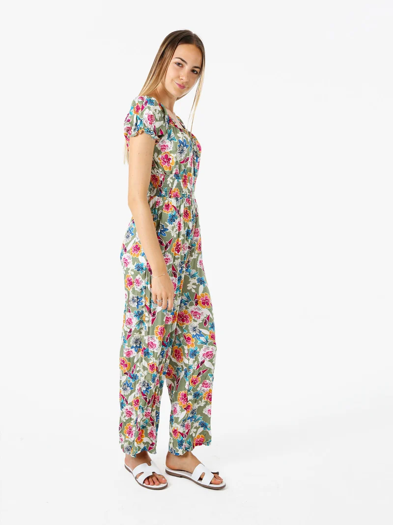 Tuta jumpsuite da donna con stampa floreale e maniche corte - verde