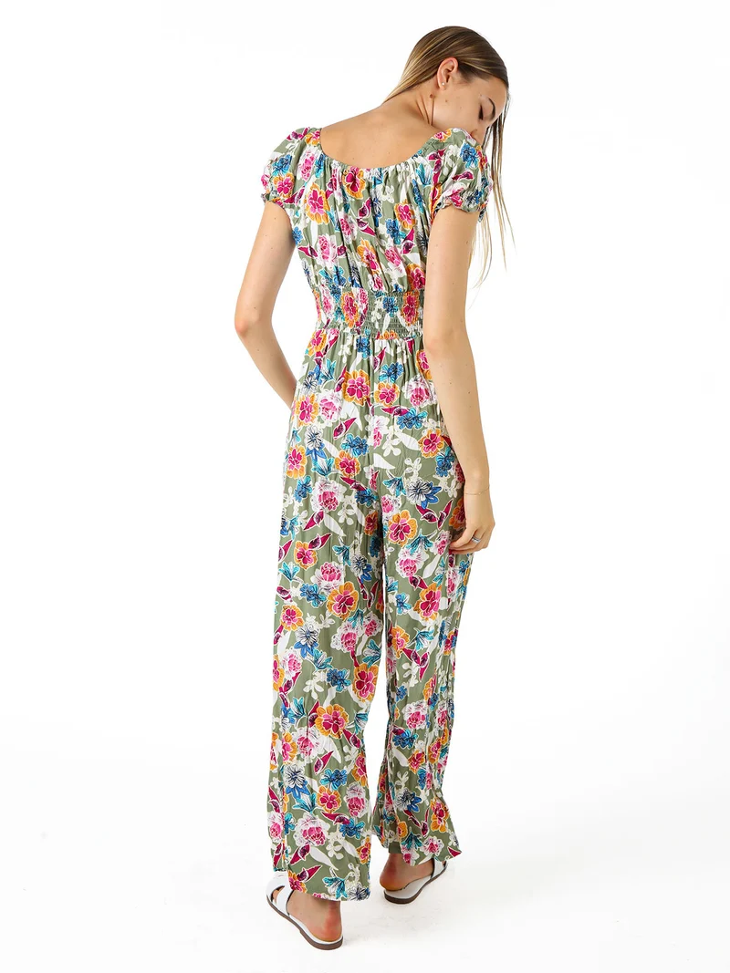 Tuta jumpsuite da donna con stampa floreale e maniche corte - verde