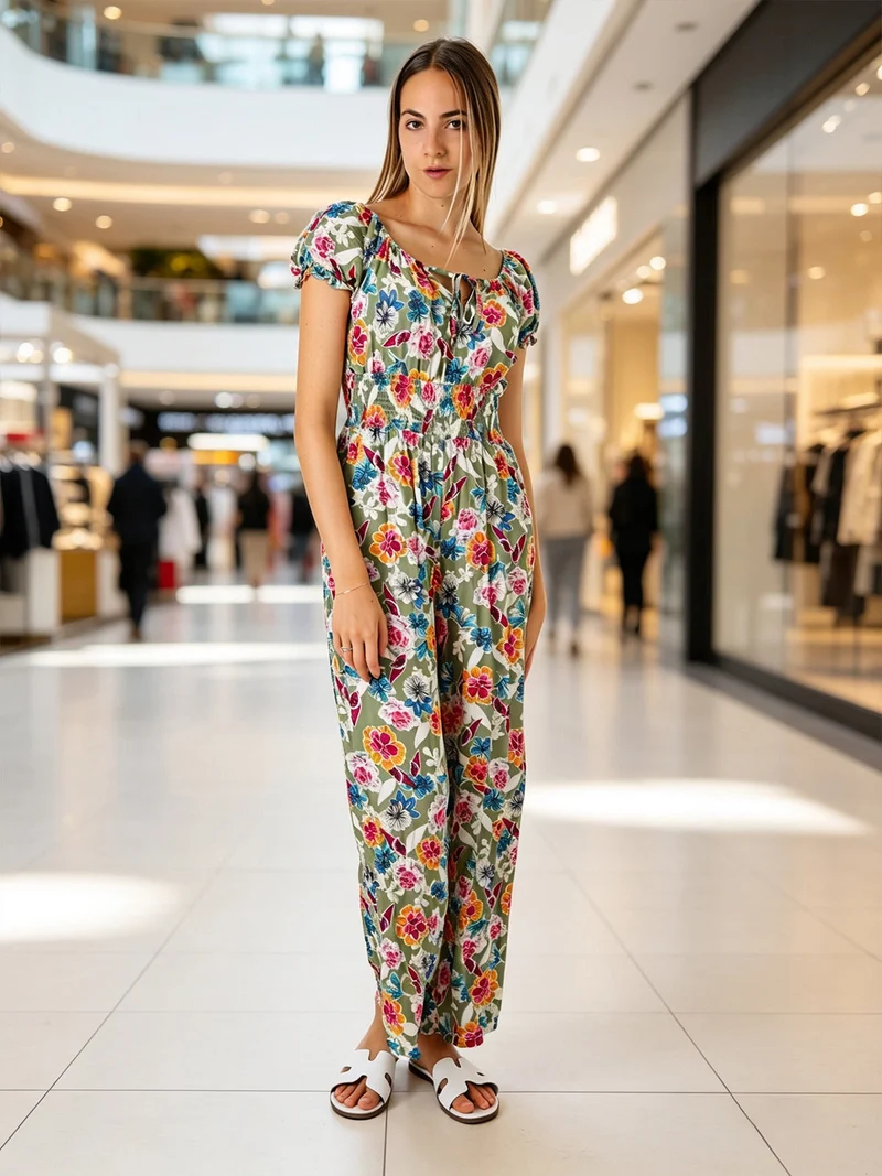 Tuta jumpsuite da donna con stampa floreale e maniche corte - verde