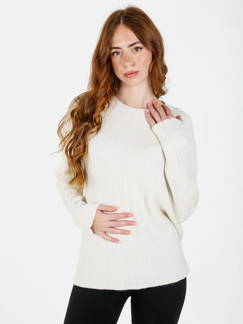 Maglione donna oversize a trecce con strass - panna