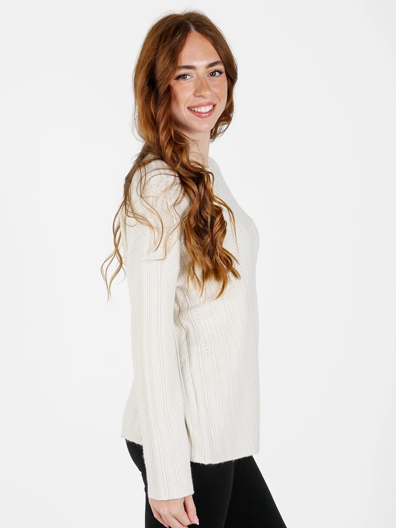 Maglione donna oversize a trecce con strass - panna