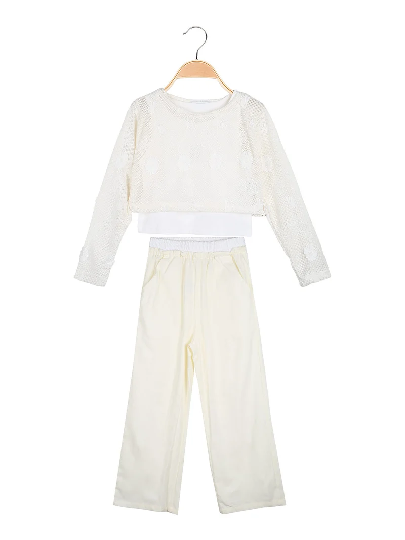 Completo 3 pezzi da bambina con top traforato e pantaloni misto lino - beige
