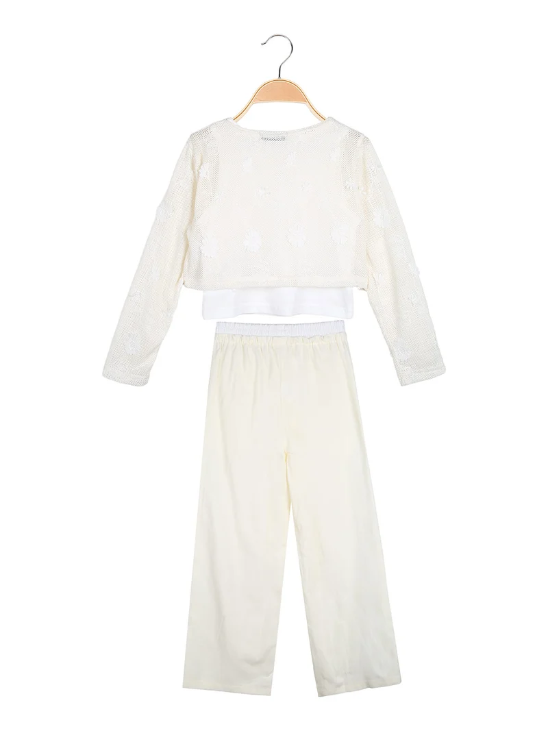 Completo 3 pezzi da bambina con top traforato e pantaloni misto lino - beige