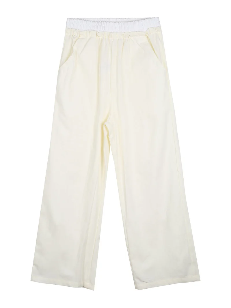 Completo 3 pezzi da bambina con top traforato e pantaloni misto lino - beige
